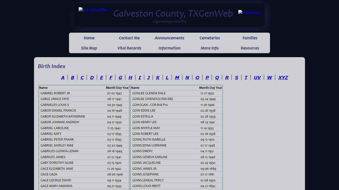 Birth Index G, Galveston County, TXGenWeb